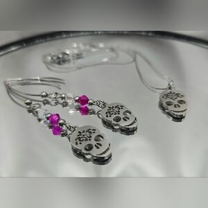 Silver and Pink Skull Jewelry Set